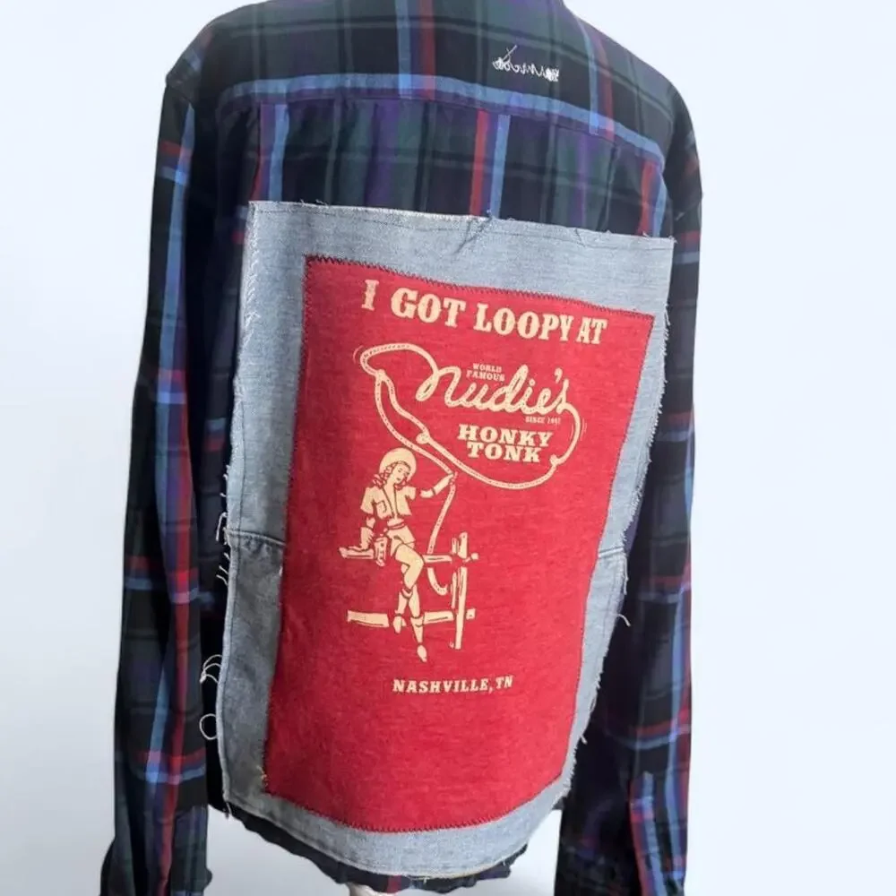 Nudie’s Honky Tonk Nashville Upcycled Flannel Western Reworked Shirt